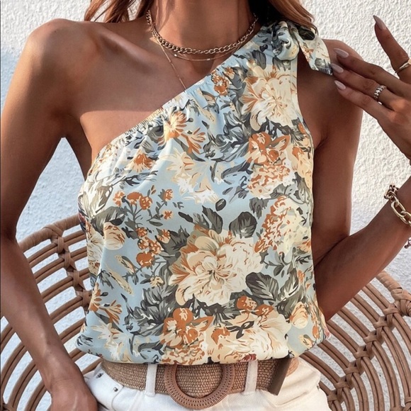 Boho Floral Print One Shoulder Top Blouse - Picture 11 of 15